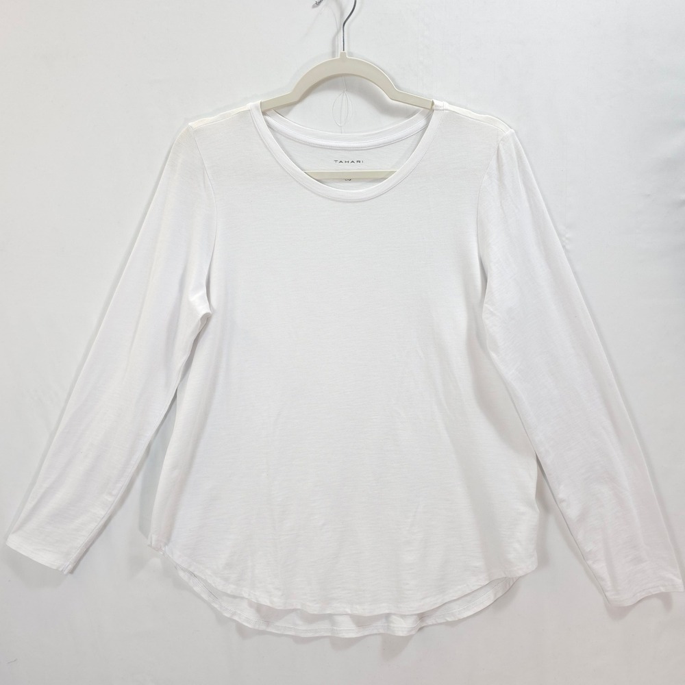 Tahari Long Sleeve Top Modal Cotton Blend Women‎ L Curved Hem White Minimalist